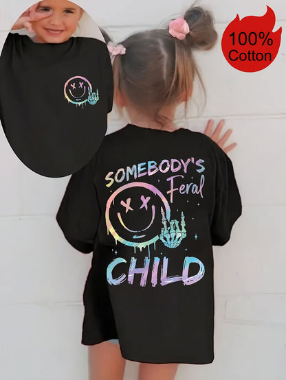 Girls' Black Cotton Printed Short-Sleeve T-Shirt - product view 5