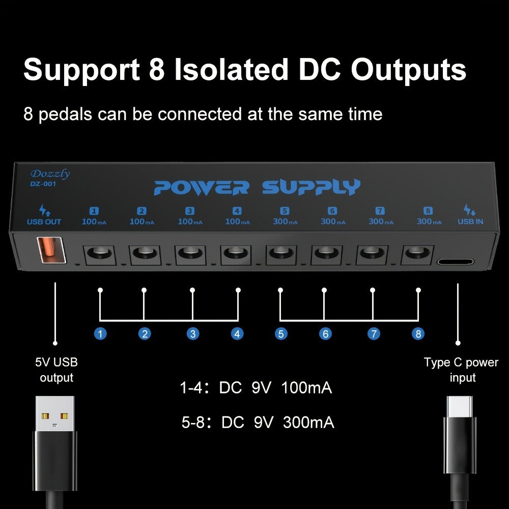 Guitar Pedal Power Supply, USB-C, 9V, 8-Way, Type for Powering Guitar Effects Pedals detail image - detail view 5