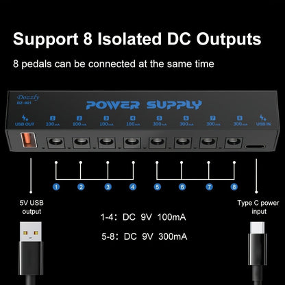 Guitar Pedal Power Supply, USB-C, 9V, 8-Way, Type for Powering Guitar Effects Pedals detail image - detail view 5