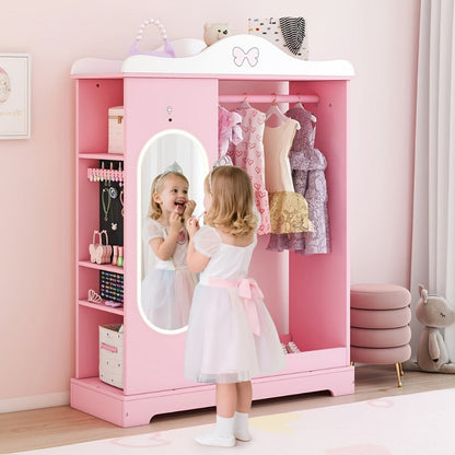 Kids Armoire with Full-Length Mirror & Jewelry Cabinet, Girls Bedroom Wardrobe with Open shown in the main product view