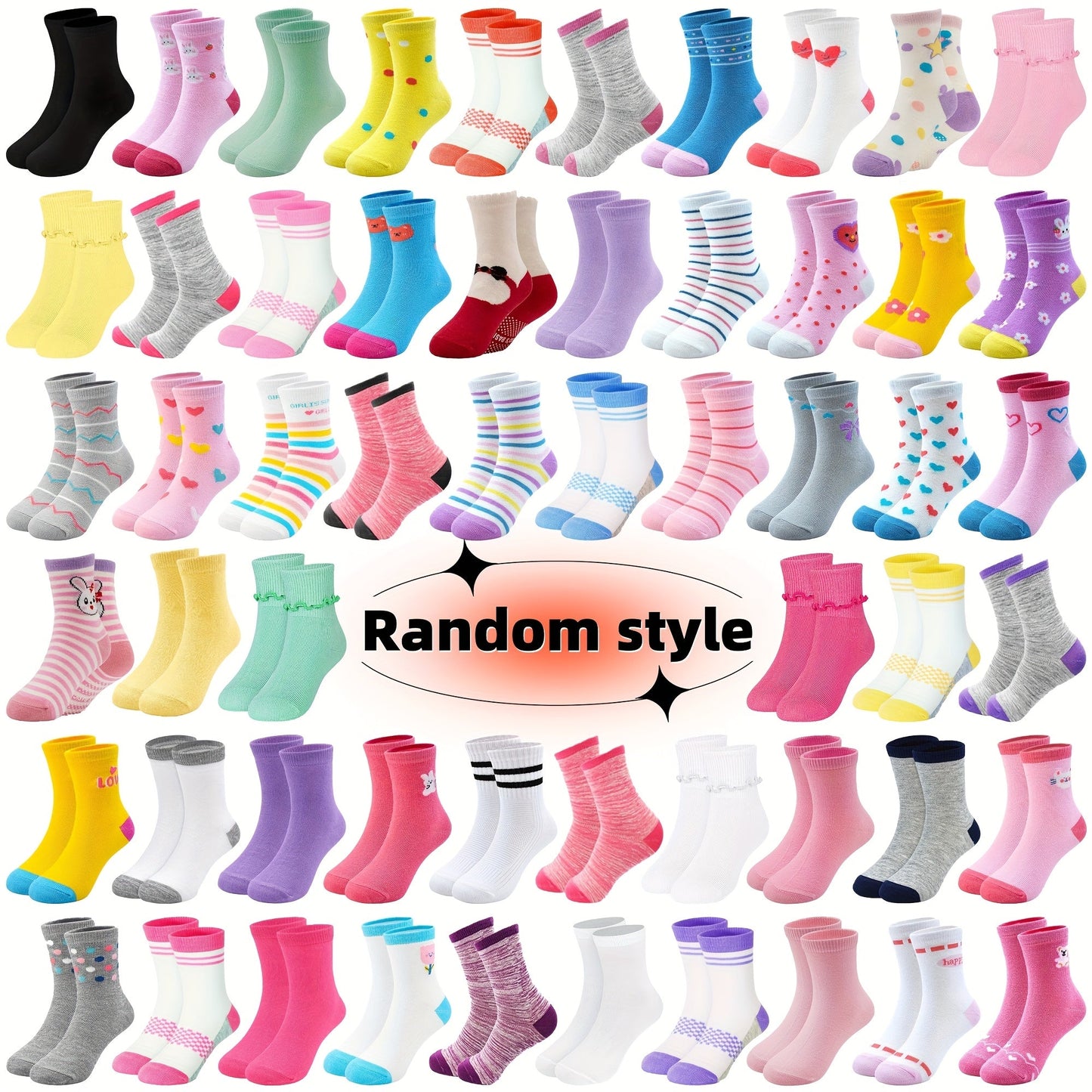 24 Pairs Of Mid calf Socks for Girls Aged 1 to 14 Cartoon Style Solid Color And - product view 1