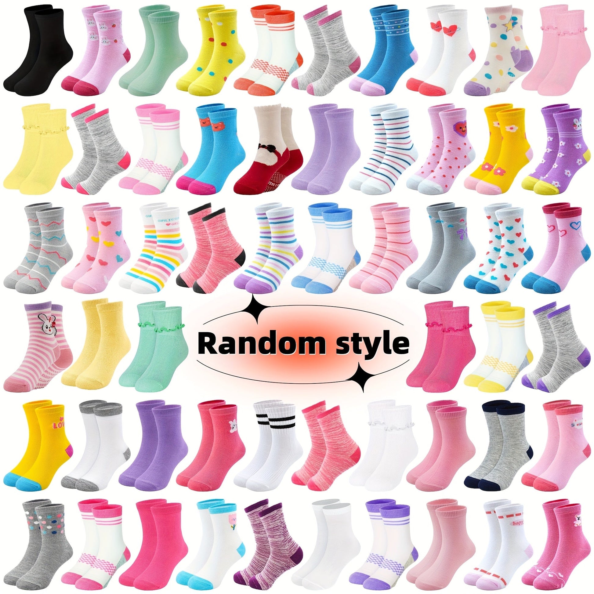 24 Pairs Of Mid calf Socks for Girls Aged 1 to 14 Cartoon Style Solid Color And - product view 1