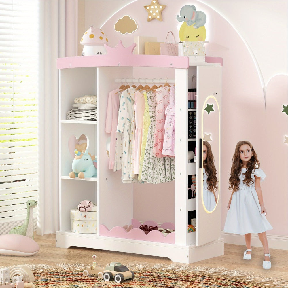 Kids Wardrobe, Kids Dress-Up Armoire & Wardrobe with Mirror, Jewelry Cabinet & Shelves shown in the main product view