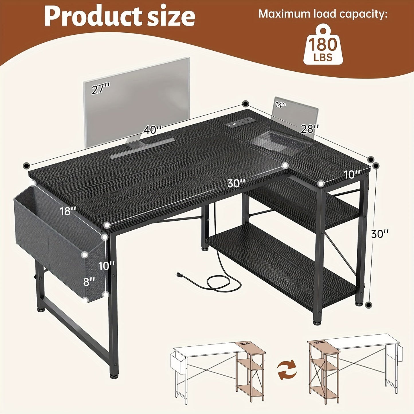 Computer Desk shown in the Black, 40 Inches option