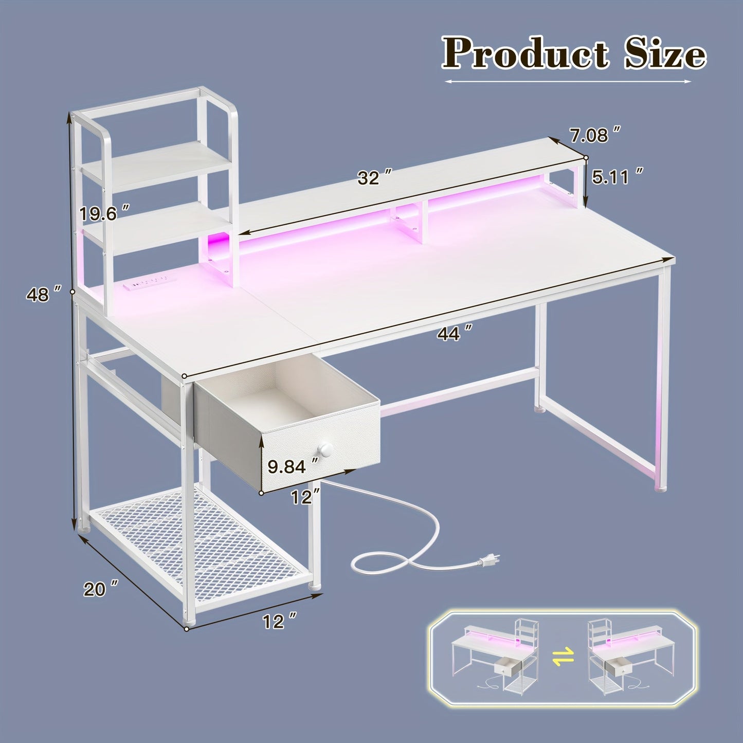 Computer Desk shown in the White, 44 Inch option