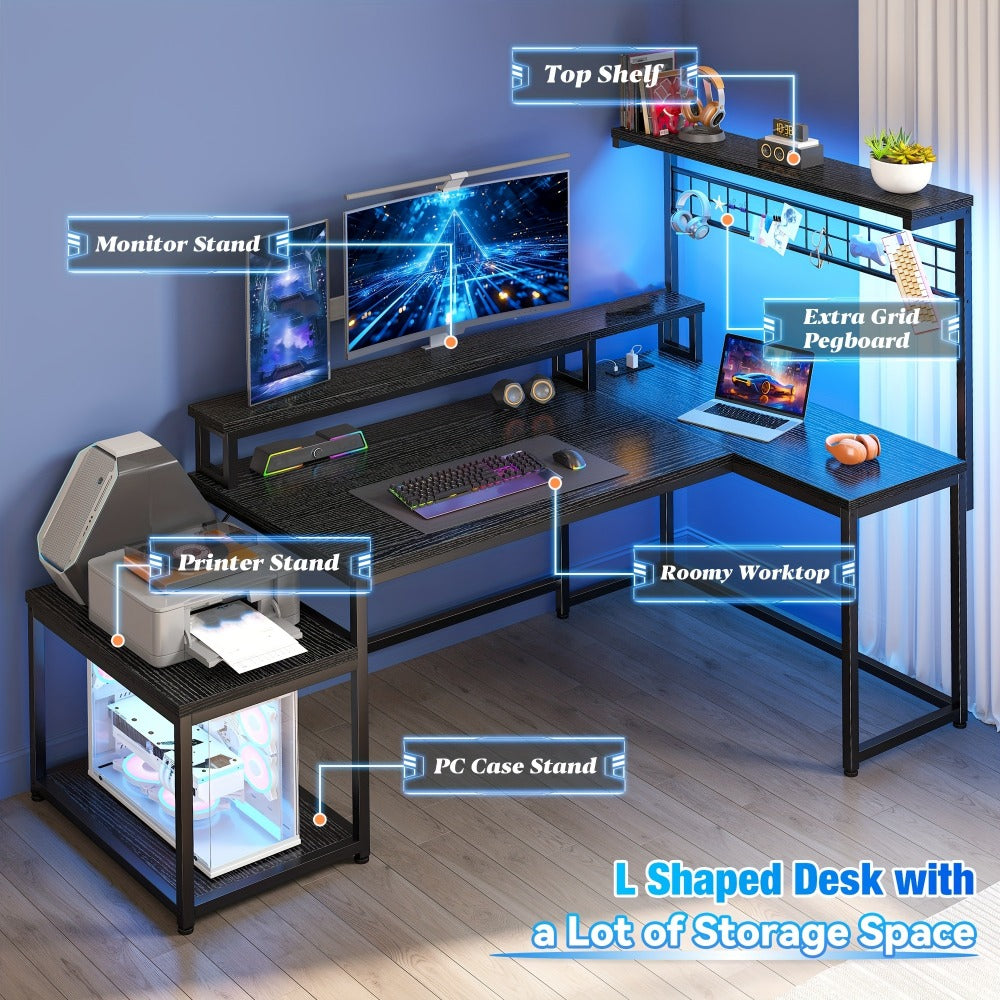 L-Shaped Gaming Desk with Charging Station and LED Lighting for Home Office detail image - detail view 15
