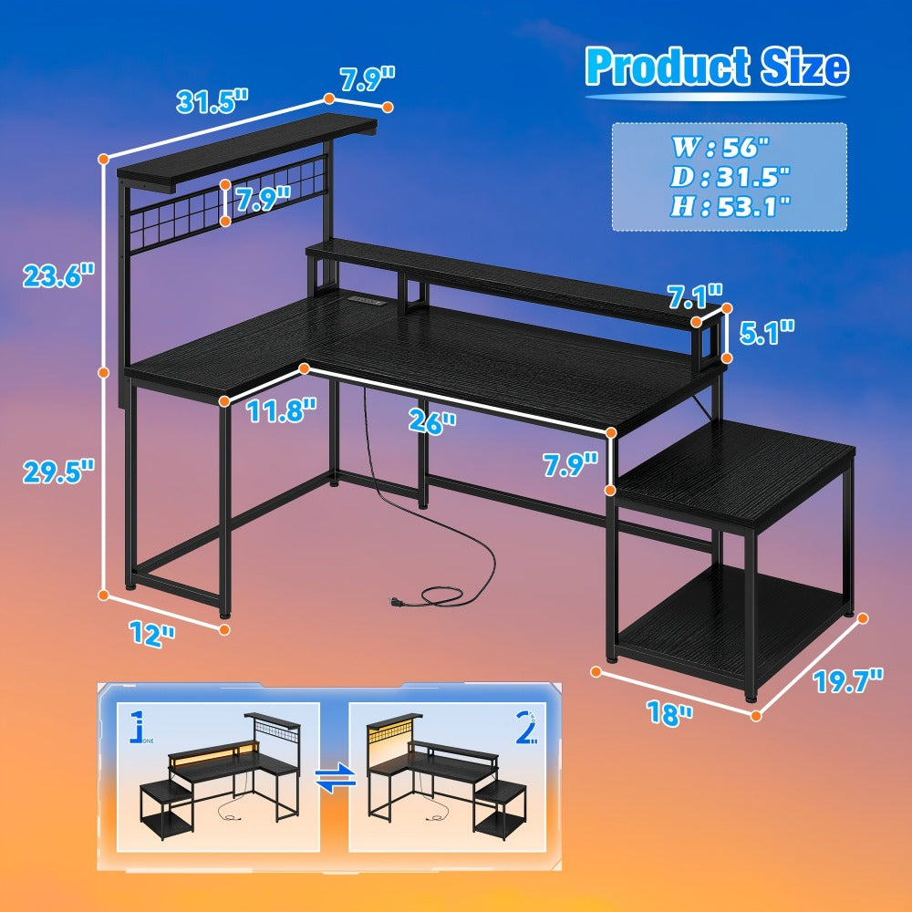 L-Shaped Gaming Desk with Charging Station and LED Lighting for Home Office detail image - detail view 4