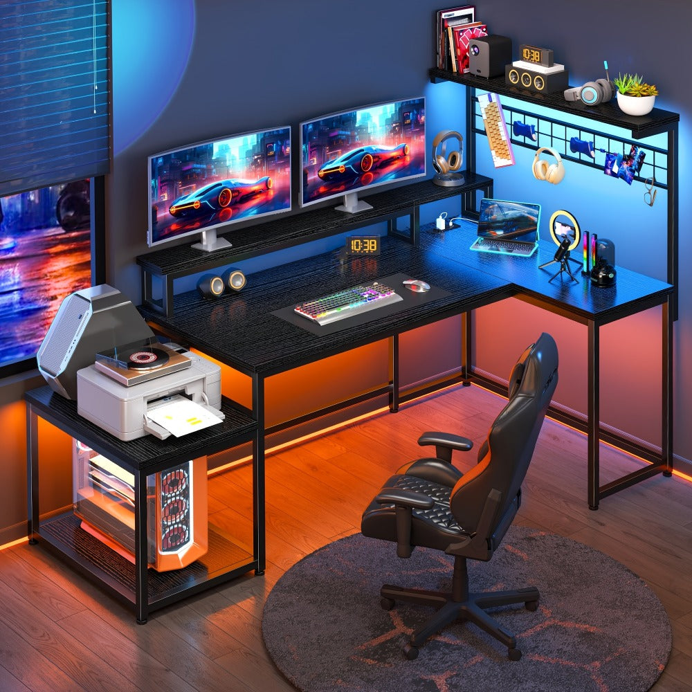 Gaming Desk, L Shaped with LED Light & Power Outlets - Corner Computer Desk with Monitor shown in the main product view