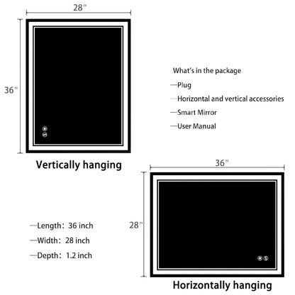 LED Bathroom Mirror shown in the 28X36''Horizontal/Vertical option