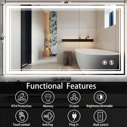LED Bathroom Mirror shown in the 32X40''Horizontal/Vertical option