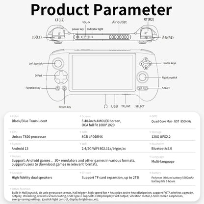 Anbernic RG556 Android 13 AMOLED Retro Handheld Game Console 5.48-Inch 1080p Hall Joystick Active Cooling HDMI 8GB RAM 30+ Emulators PS2 GameCube Premium Gaming Gift