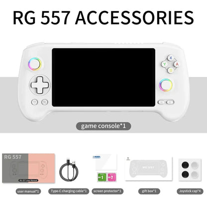 Anbernic RG557 Android 14 AMOLED Retro Handheld Game Console 5.48-Inch 1080p Dimensity 8300 12GB RAM 256GB WiFi 6E 5500mAh Hall Effect Triggers RGB Joystick Gaming Gift