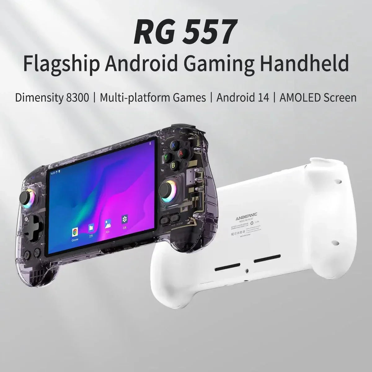 Anbernic RG557 Android 14 AMOLED Retro Handheld Game Console 5.48-Inch 1080p Dimensity 8300 12GB RAM 256GB WiFi 6E 5500mAh Hall Effect Triggers RGB Joystick Gaming Gift