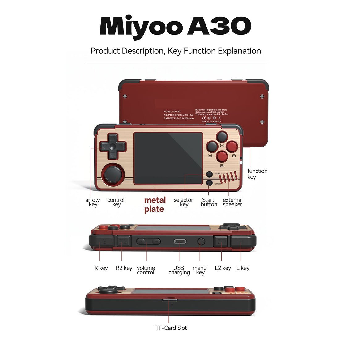 Miyoo A30 Horizontal Retro Handheld Game Console 2.8-Inch IPS 640x480 Wi-Fi 26+ Emulators NES SNES GBA PS1 Lightweight Portable Gaming Gift for Adults Kids