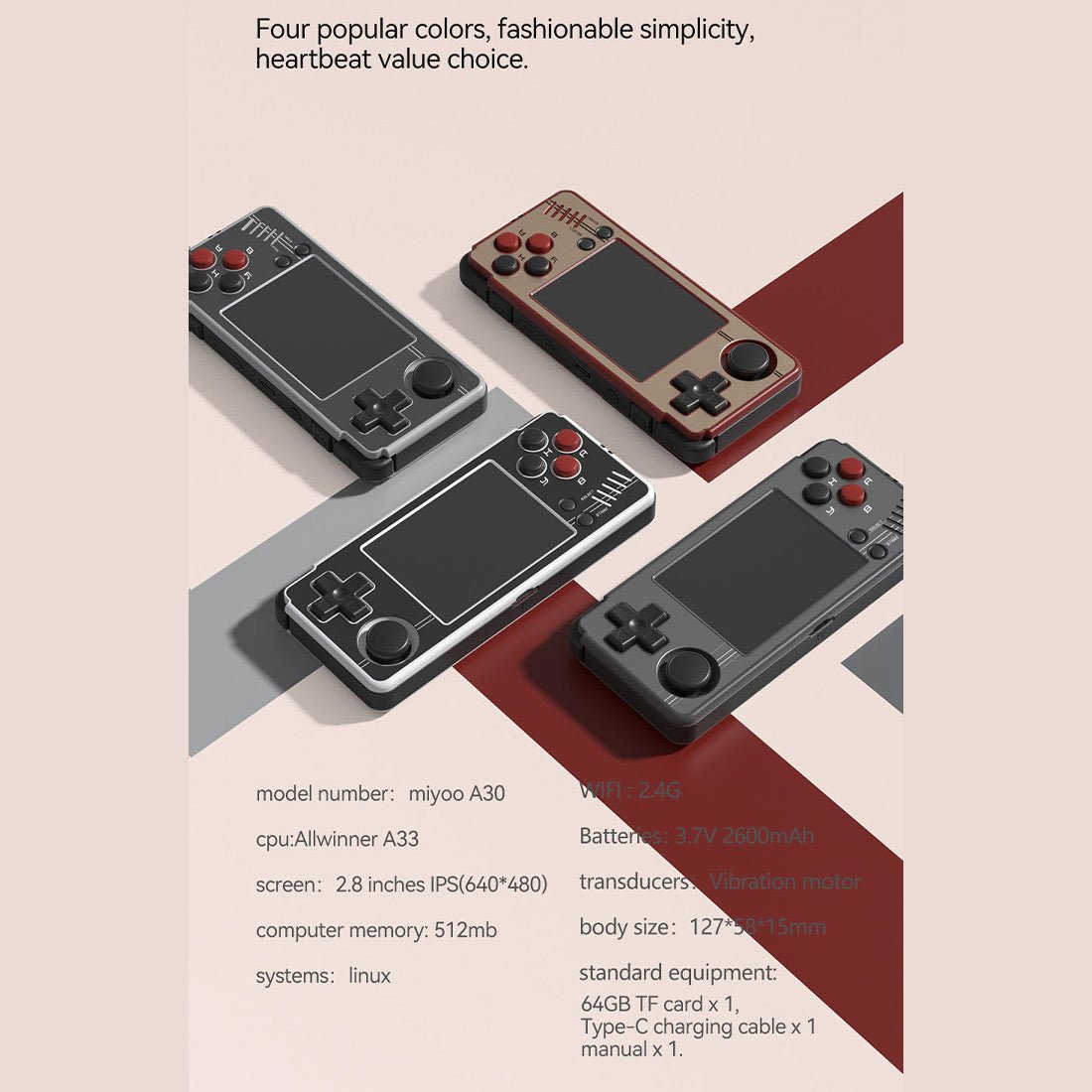 Miyoo A30 Horizontal Retro Handheld Game Console 2.8-Inch IPS 640x480 Wi-Fi 26+ Emulators NES SNES GBA PS1 Lightweight Portable Gaming Gift for Adults Kids