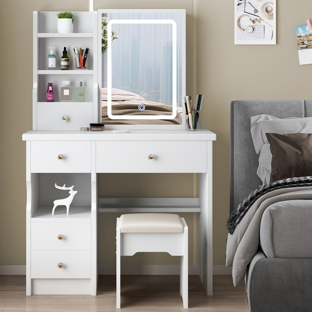 Vanity Desk, Makeup with Lighted Mirror and 5 Drawers, Vanity Table Set with Stool, Open shown in the main product view