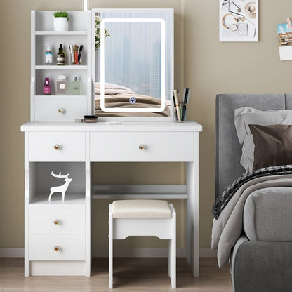 Vanity Desk, Makeup with Lighted Mirror and 5 Drawers, Vanity Table Set with Stool, Open shown in the main product view