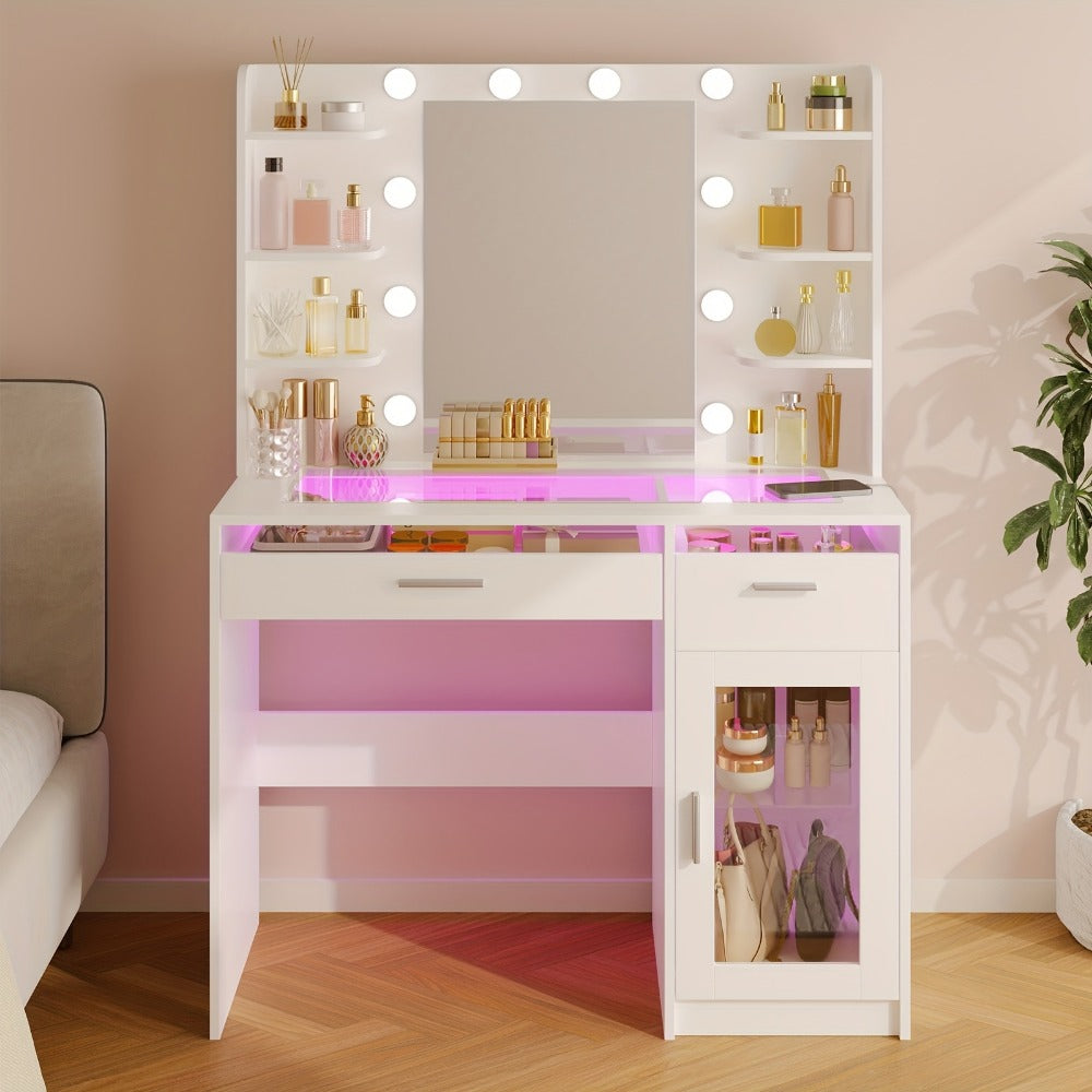 Vanity Desk with Lighted Mirror Power Strip and 10 Bulbs - Makeup Table with 2 Drawers shown in the main product view