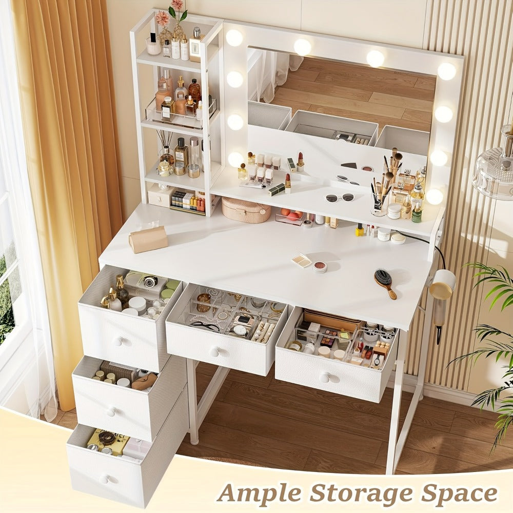 Makeup Vanity Desk with Lighted Mirror, Vanity Table with Storage for Bedroom detail image