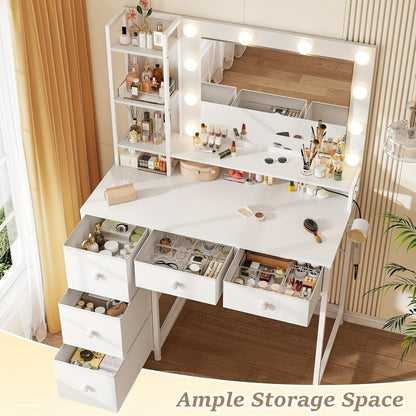 Makeup Vanity Desk with Lighted Mirror, Vanity Table with Storage for Bedroom detail image