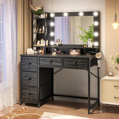 Vanity Desk with Lighted Mirror and Power Strip 5 Large Drawers 3 Color LED Lights Hair shown in the main product view