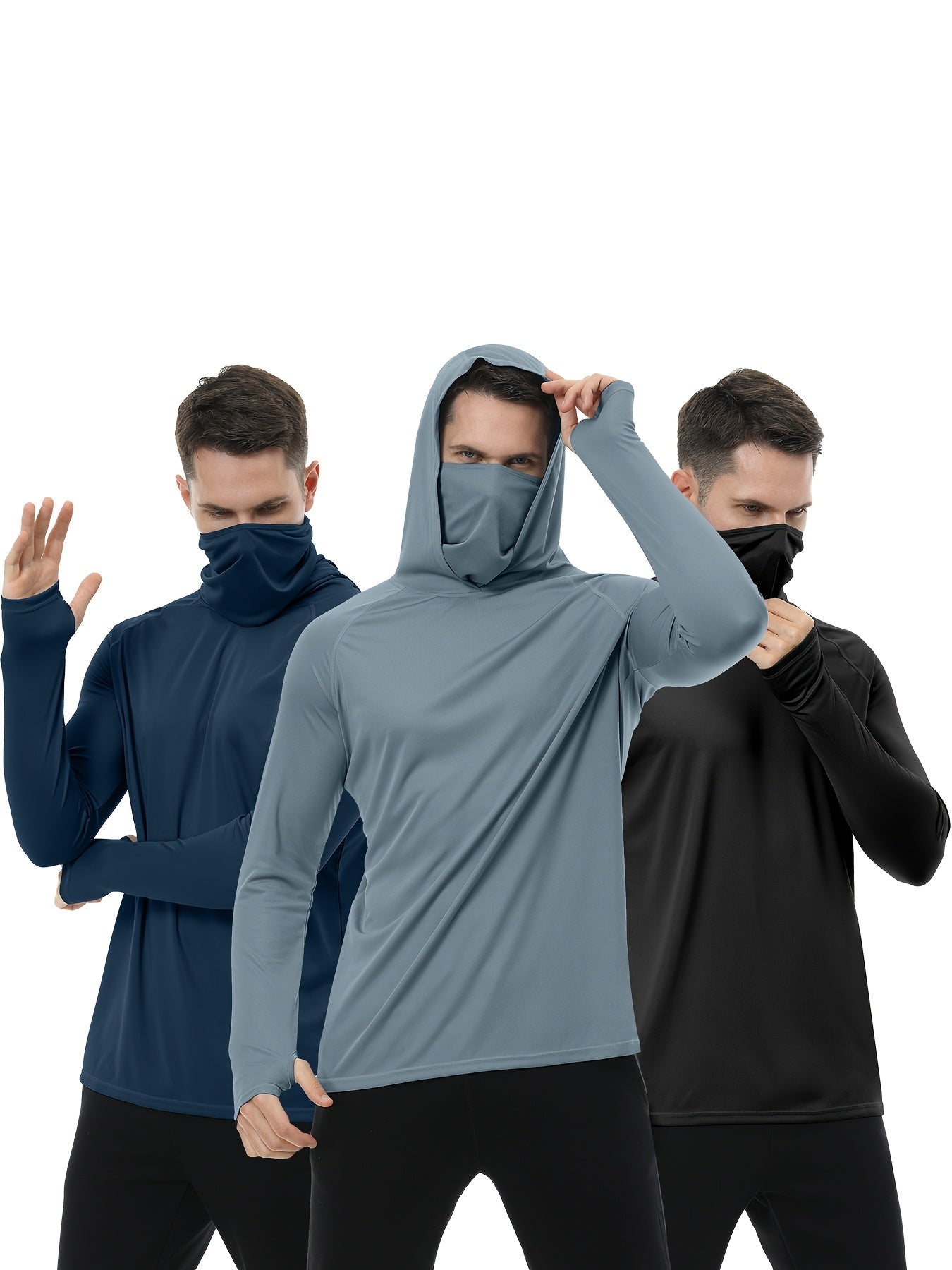 Men's Built-In Mask Hoodies - 3-Pack Quick-Dry Layers