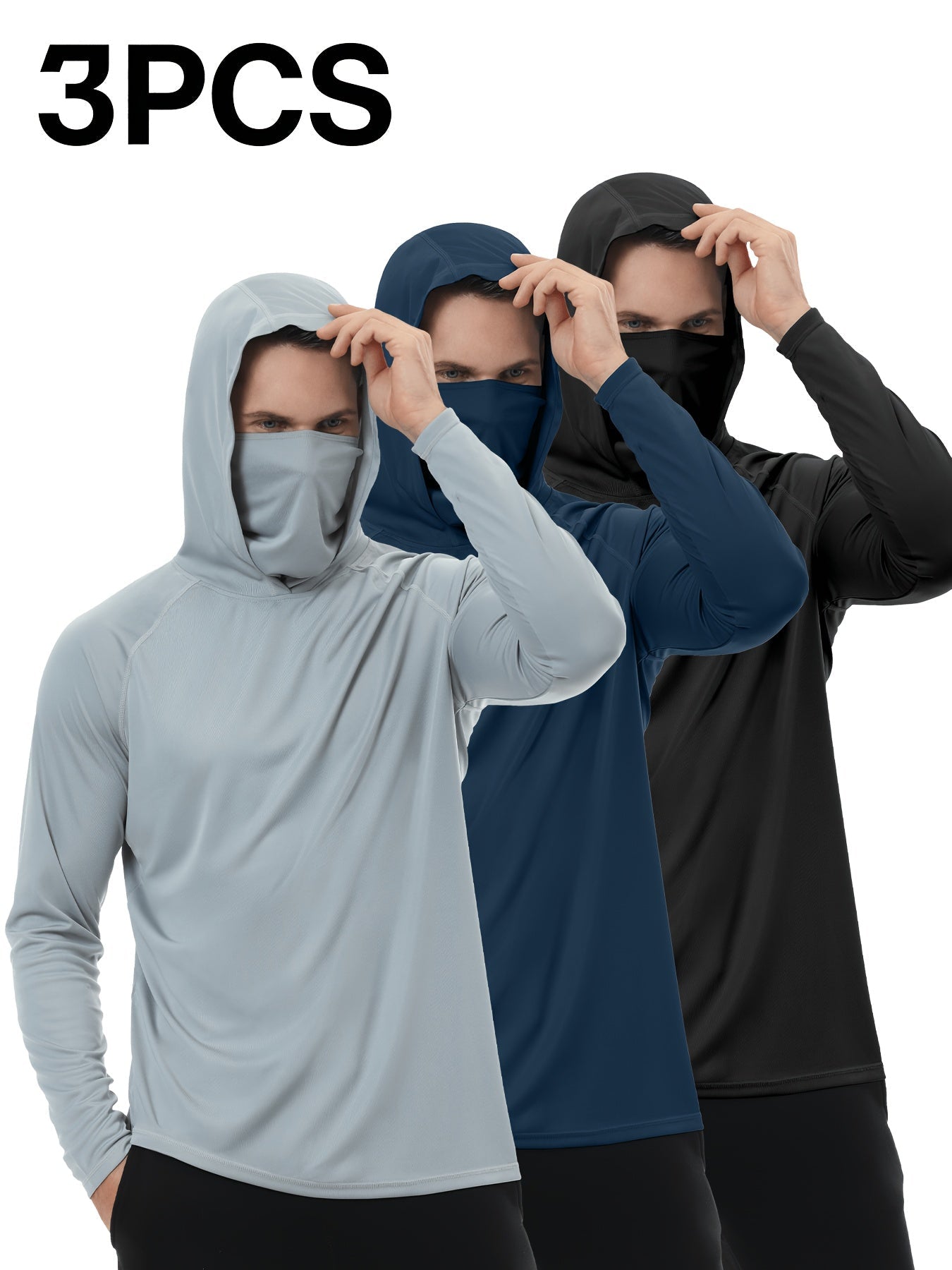 Men's Built-In Mask Hoodies - 3-Pack Quick-Dry Layers