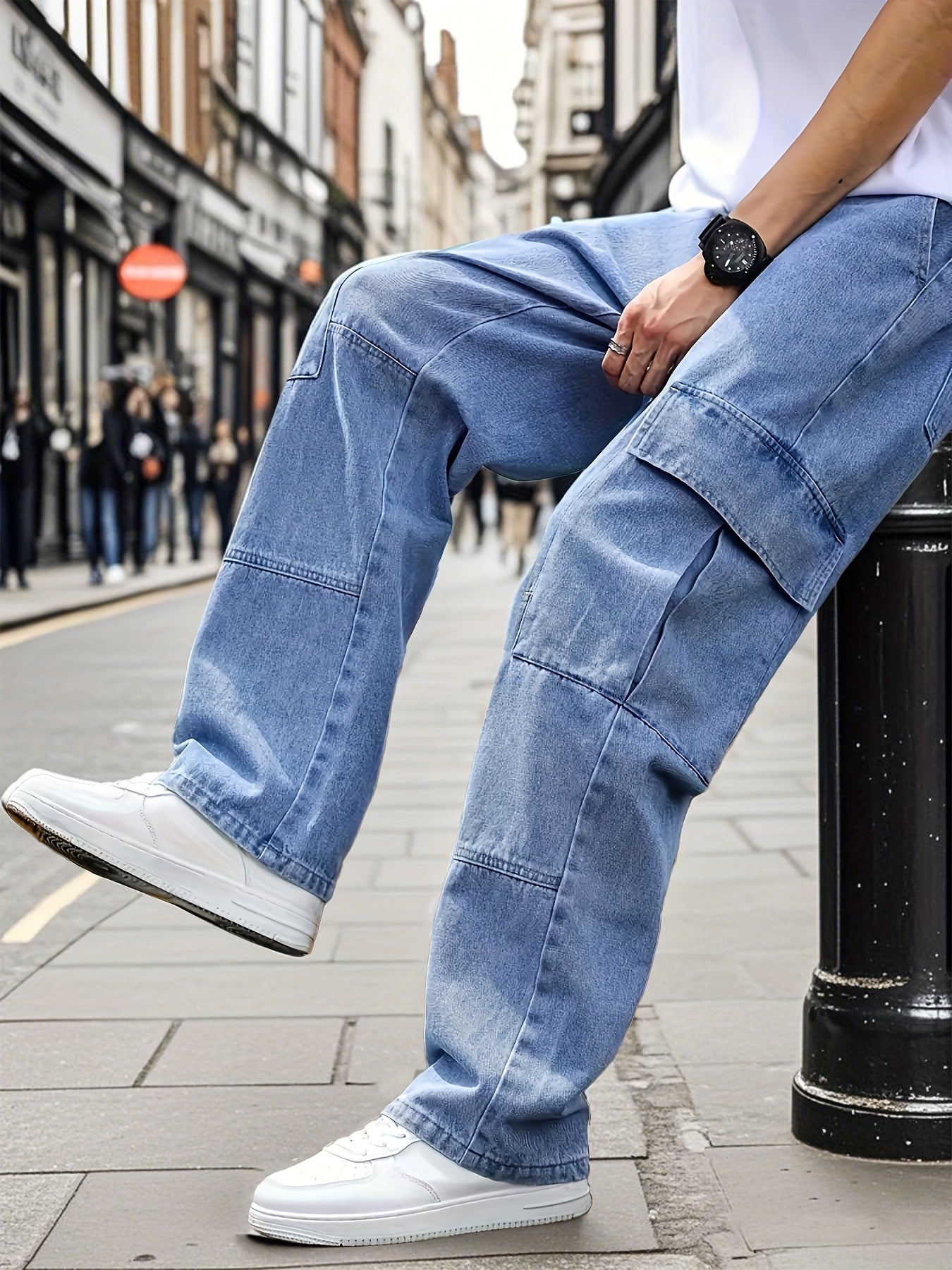 Men's Sky Blue Denim Wide-Leg Pants - product view 6