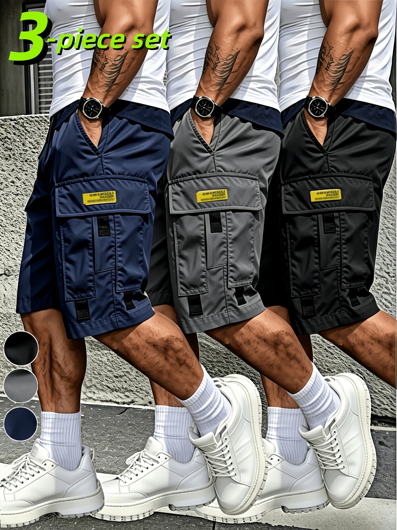 Men's Black Gray Blue Polyester Utility Cargo Shorts - product view 10