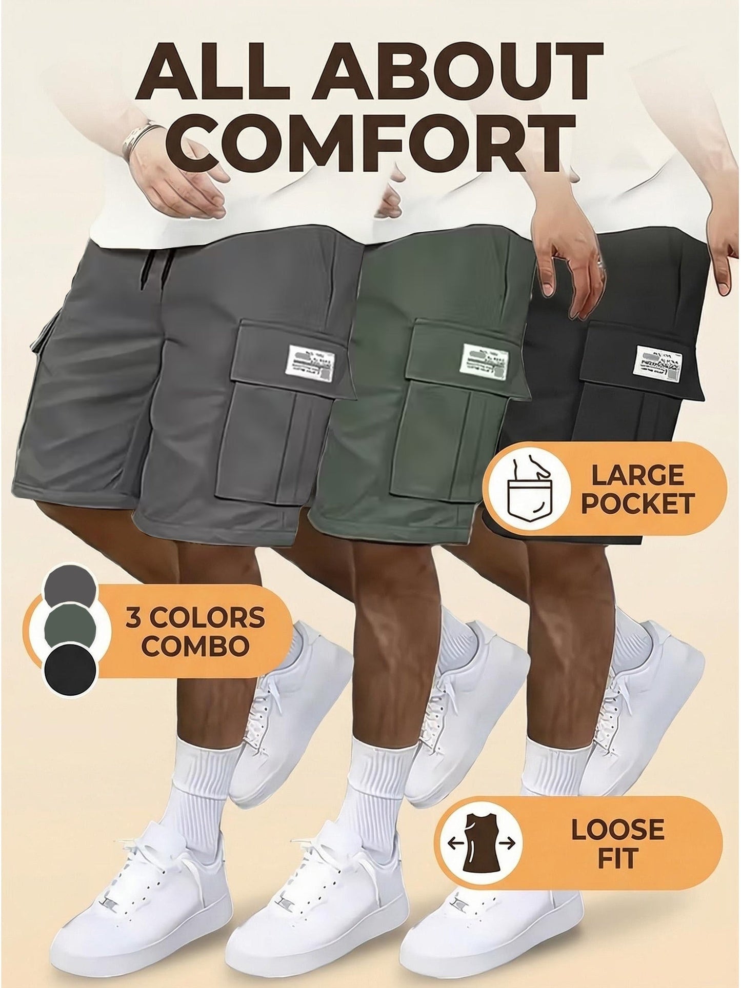 Men's Black+green+gray Polyester Cargo Shorts - product view 6
