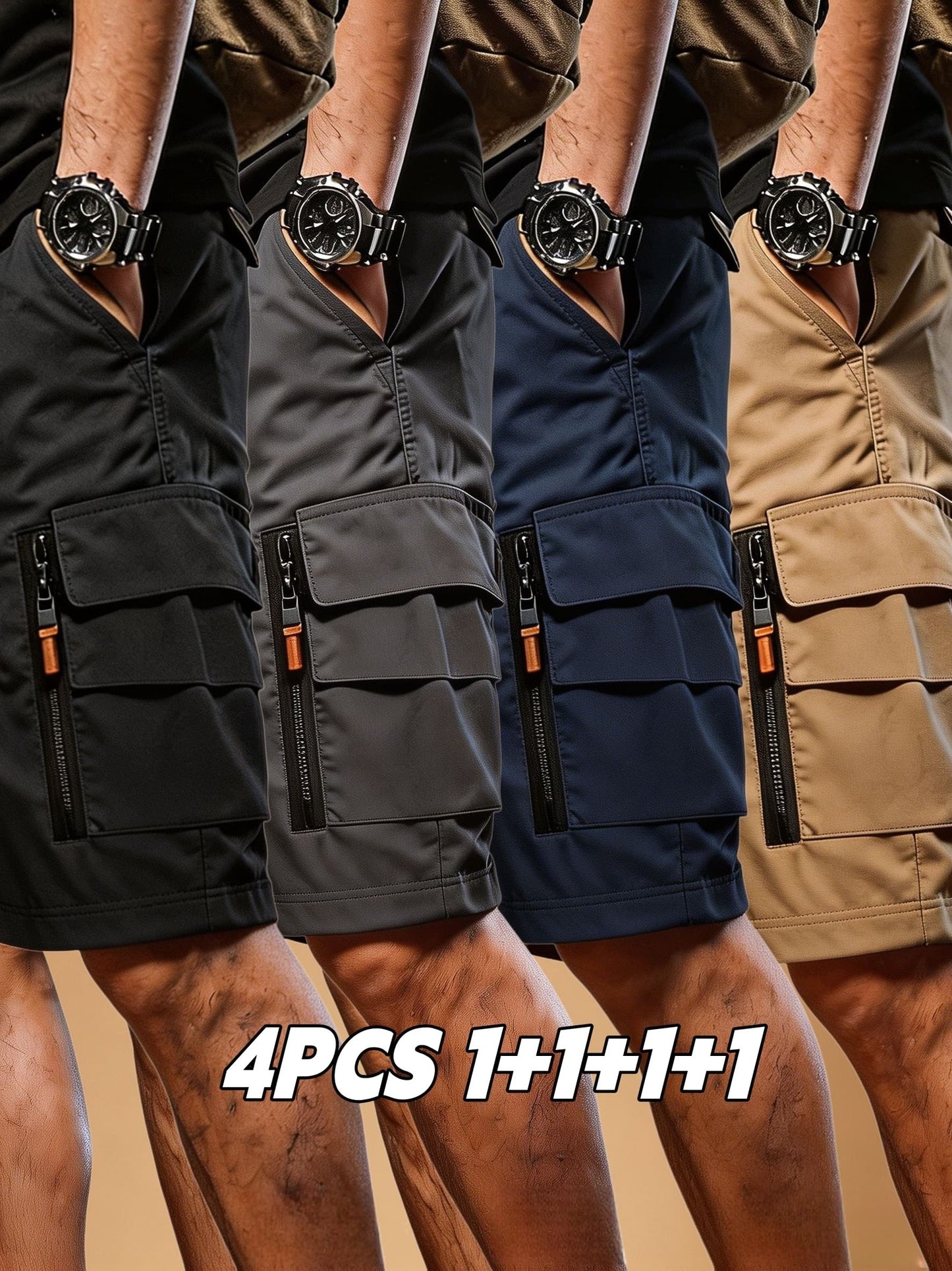 Men's Black+Green+Blue+Khaki Cargo Shorts - product view 11