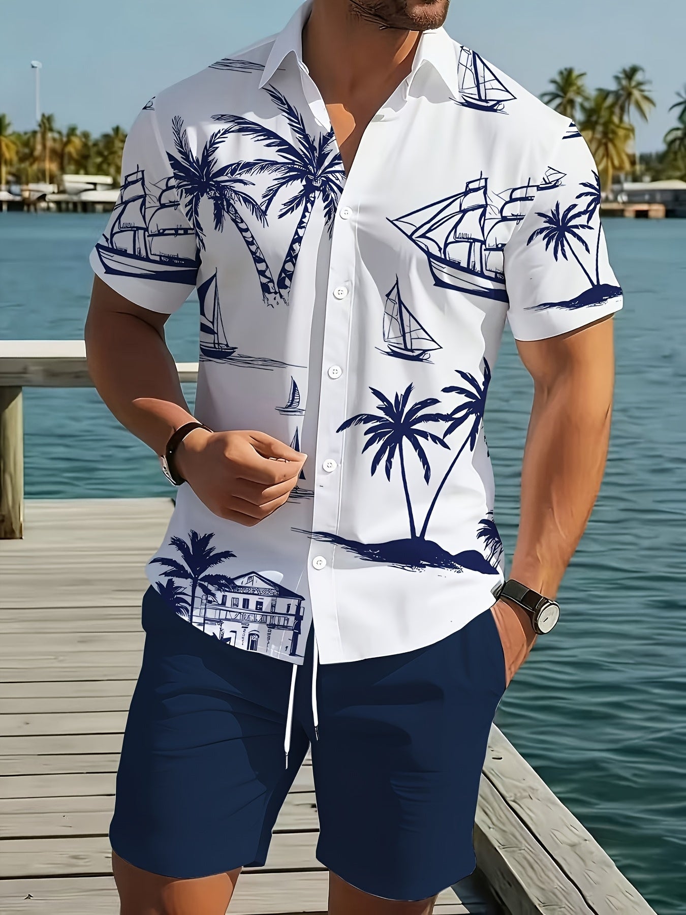 Men's Blue Polyester Printed Short-Sleeve Shorts - product view 8