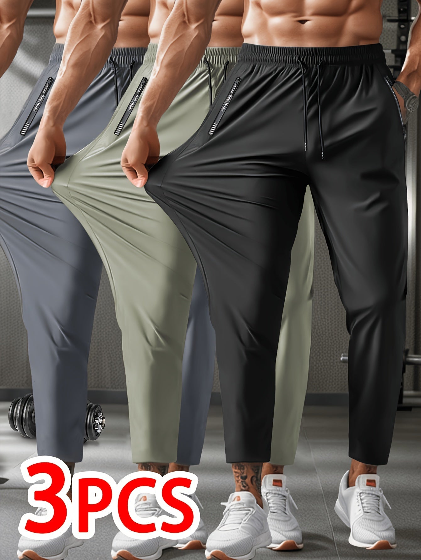 Men's 3pcs black + gray + army green Silk Pants - product view 4