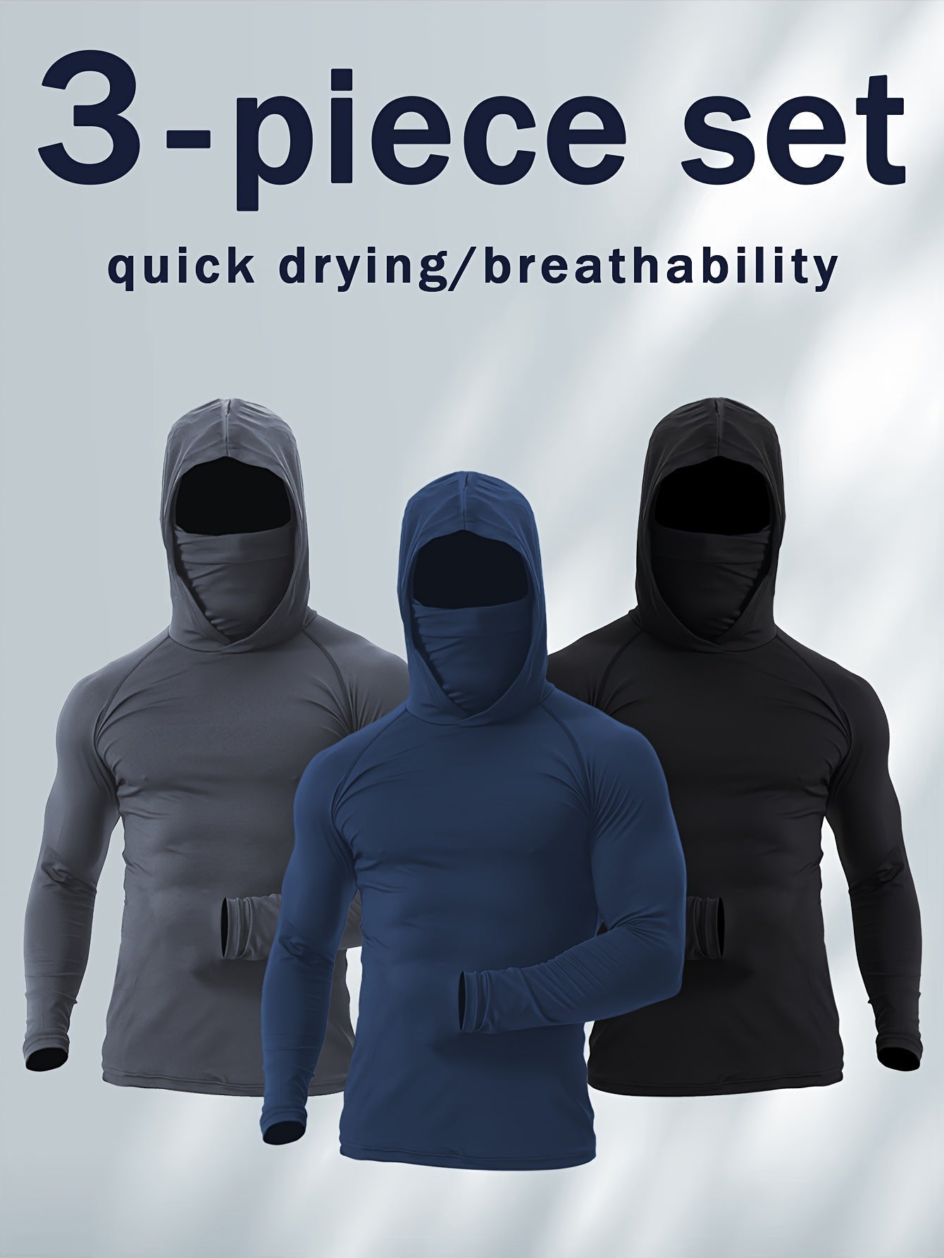 3pcs Men's UPF Hooded Sweatshirts with Mask Quick Dry Breathable Outdoor Hoodies - product view 7