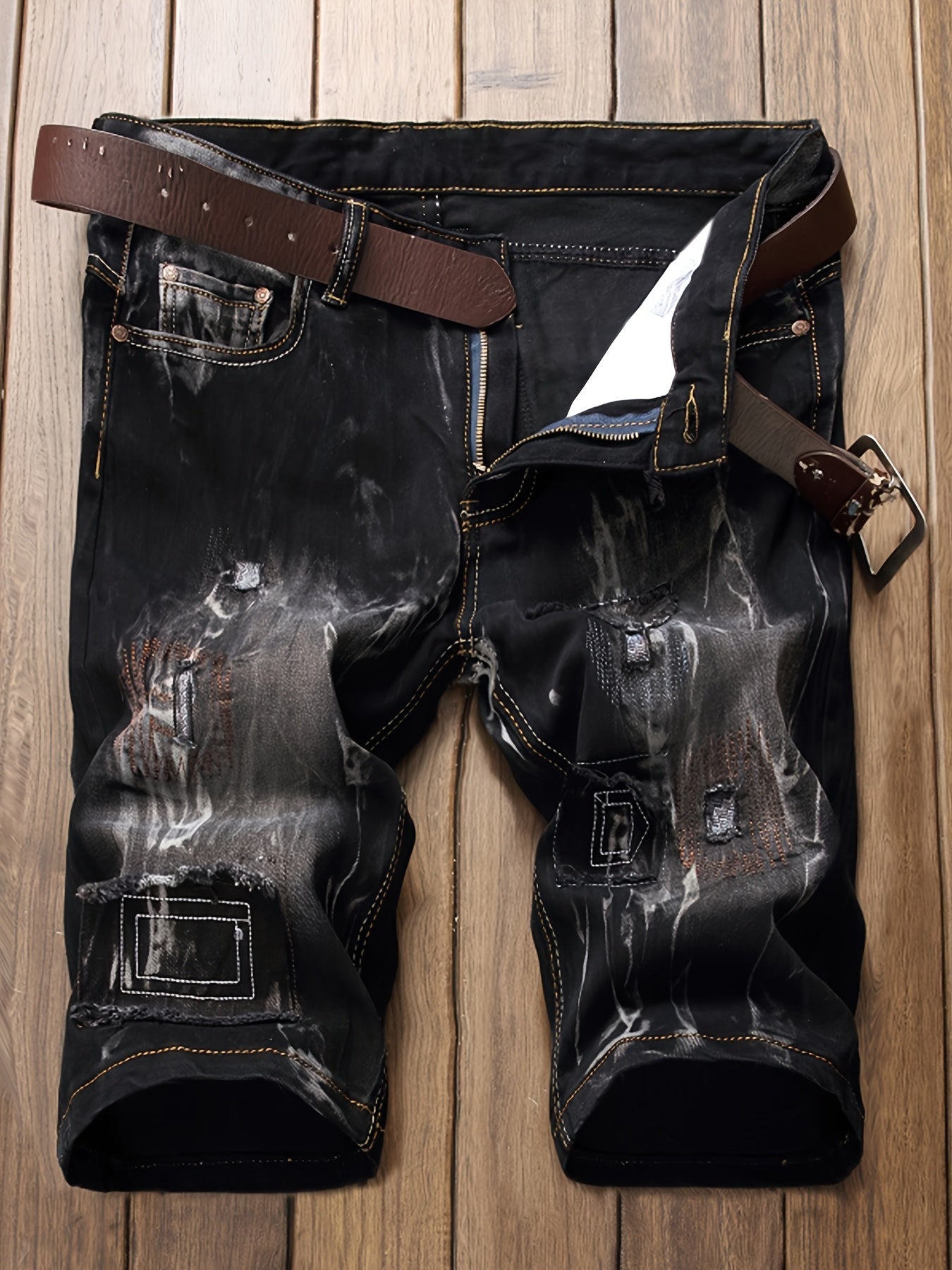 Men's Black Gray Denim Denim Shorts - product view 11