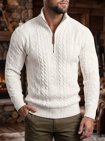 Men's Half-Zip Knit Sweater - Stand Collar Cable Pattern