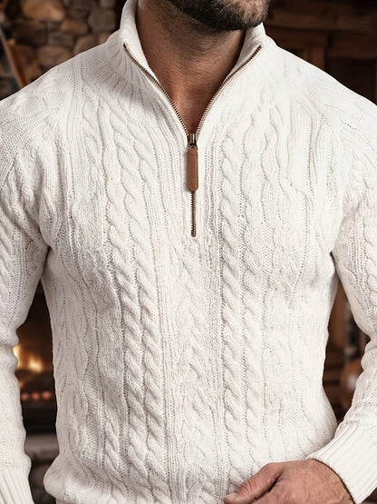 Men's Half-Zip Knit Sweater - Stand Collar Cable Pattern