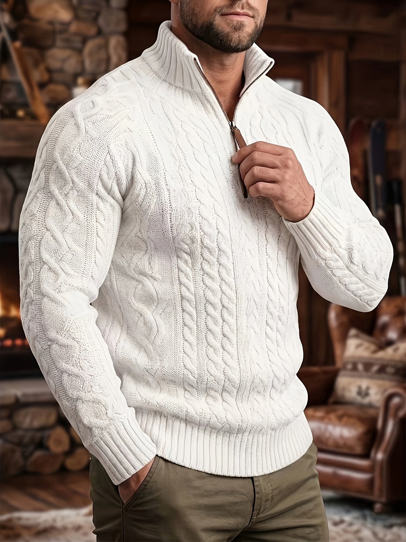 Men's Half-Zip Knit Sweater - Stand Collar Cable Pattern