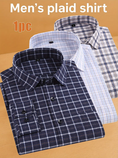 Men's Navy Blue & White Plaid Cotton Long-Sleeve Shirt - product view 6
