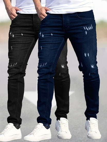 Men's Ripped Stretch Jeans 2-Pack - Streetwear Denim Set