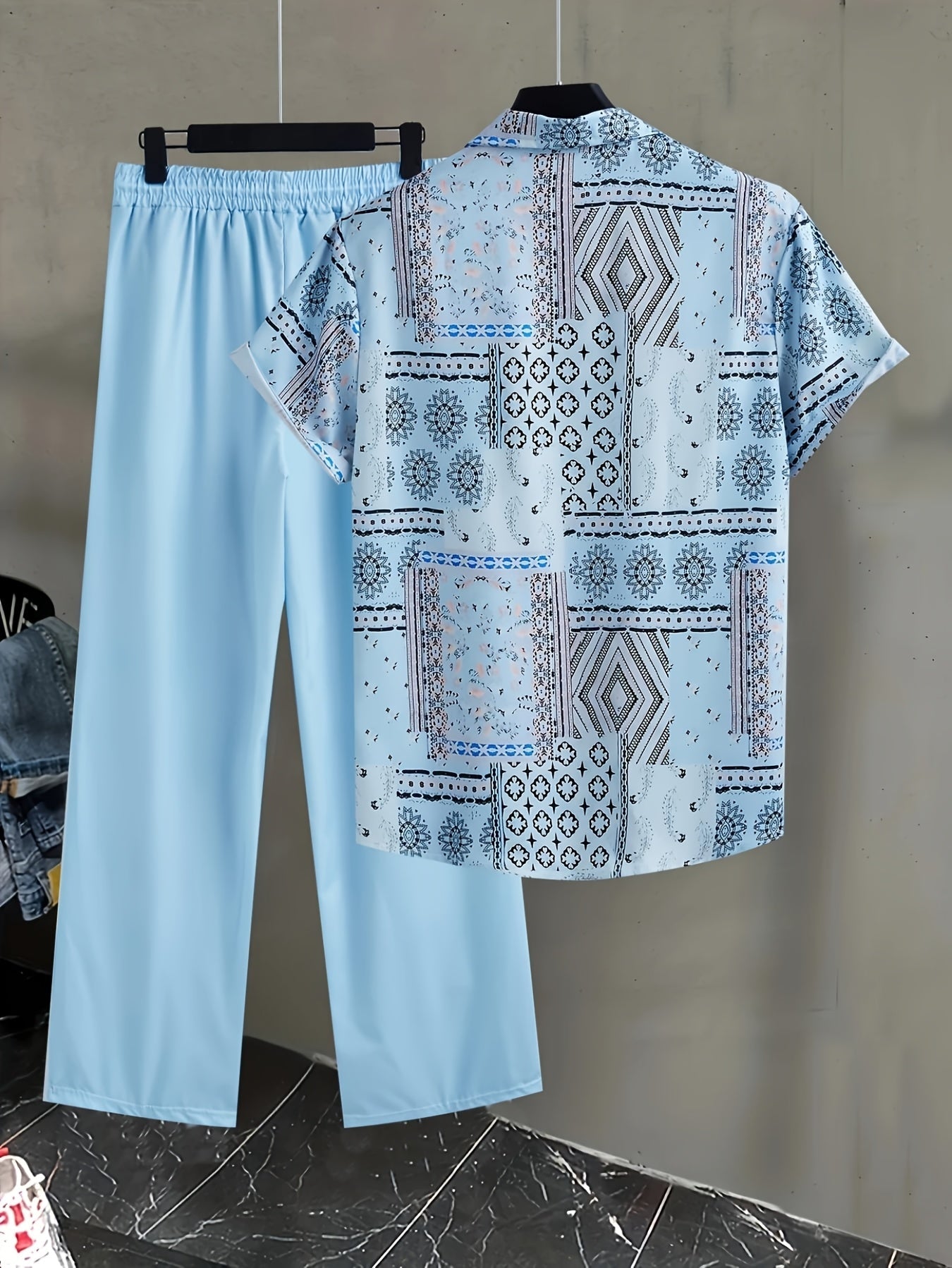 Men's Shirt and Pants Set - Geometric Print Summer Style