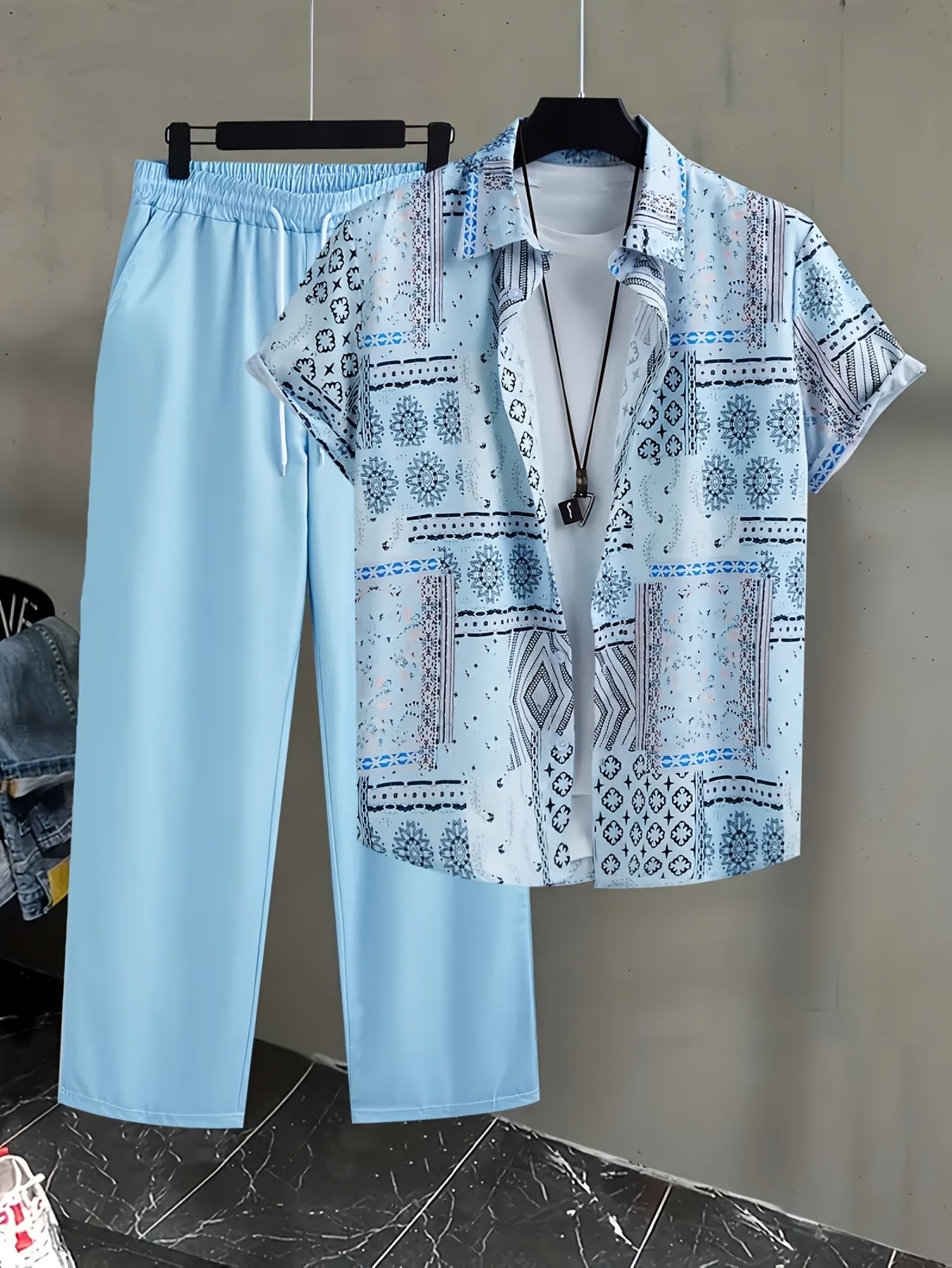Men's Shirt and Pants Set - Geometric Print Summer Style