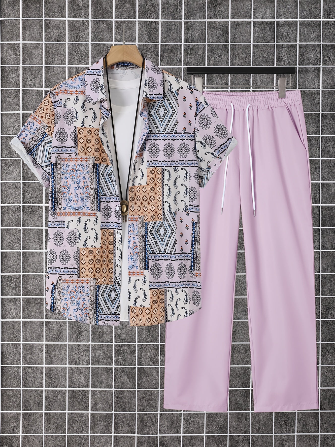 Men's Shirt and Pants Set - Geometric Print Summer Style