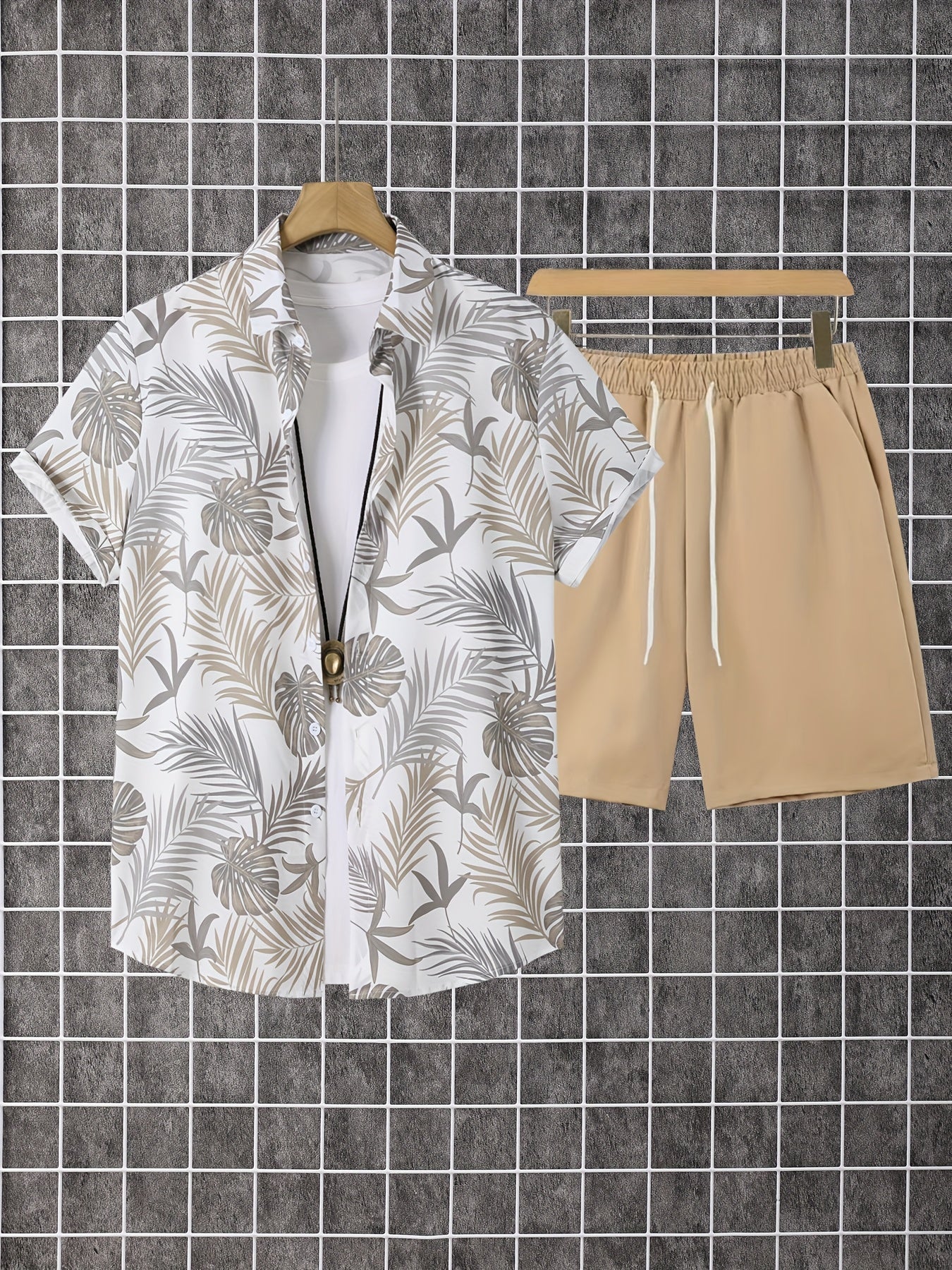 Men's Khaki Polyester Printed Short-Sleeve Shorts - product view 6