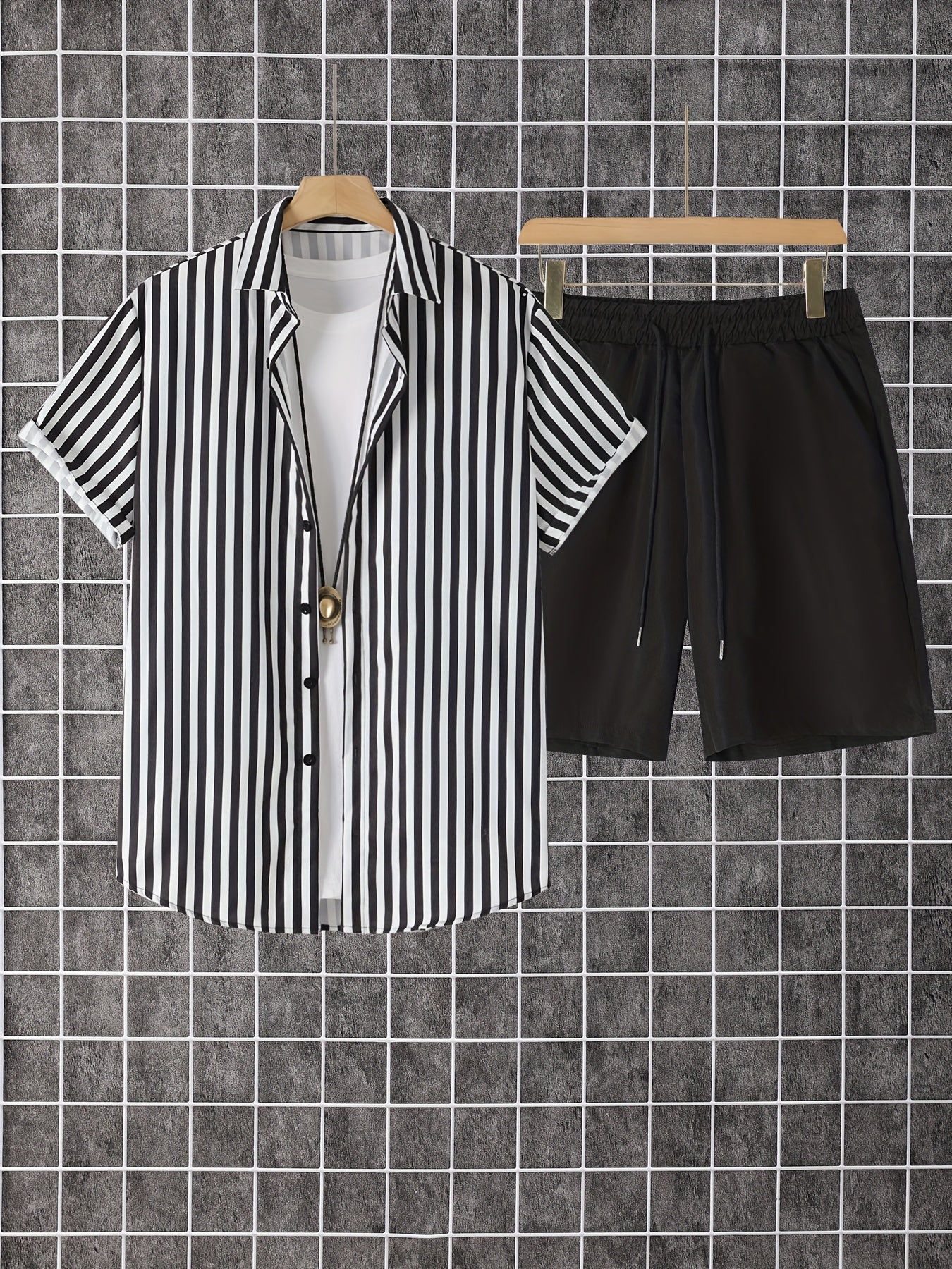 Men's Dark Brown Polyester Striped Short-Sleeve Shorts - product view 15