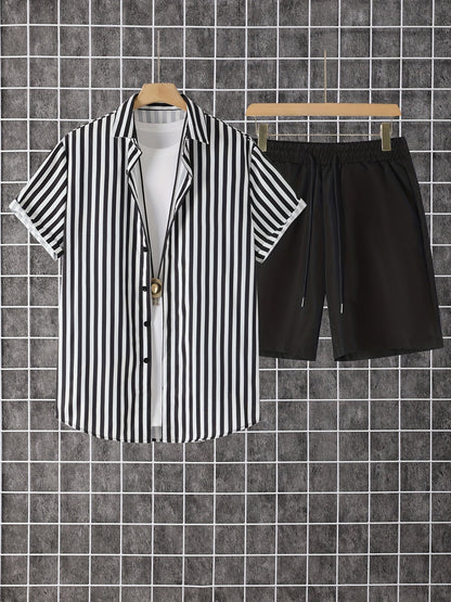 Men's Dark Brown Polyester Striped Short-Sleeve Shorts - product view 15