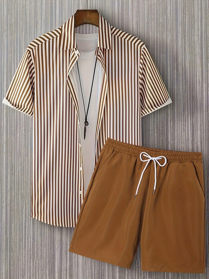 Men's Dark Brown Polyester Striped Short-Sleeve Shorts - product view 7