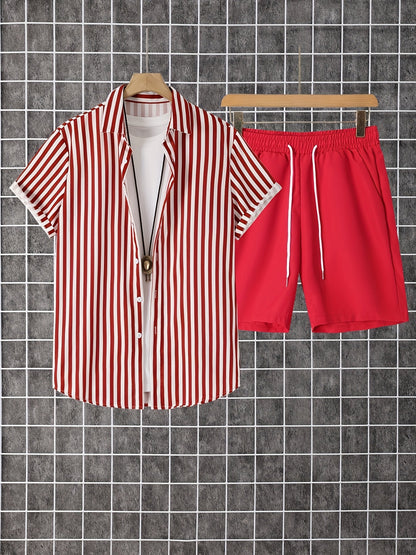 Men's Dark Brown Polyester Striped Short-Sleeve Shorts - product view 32