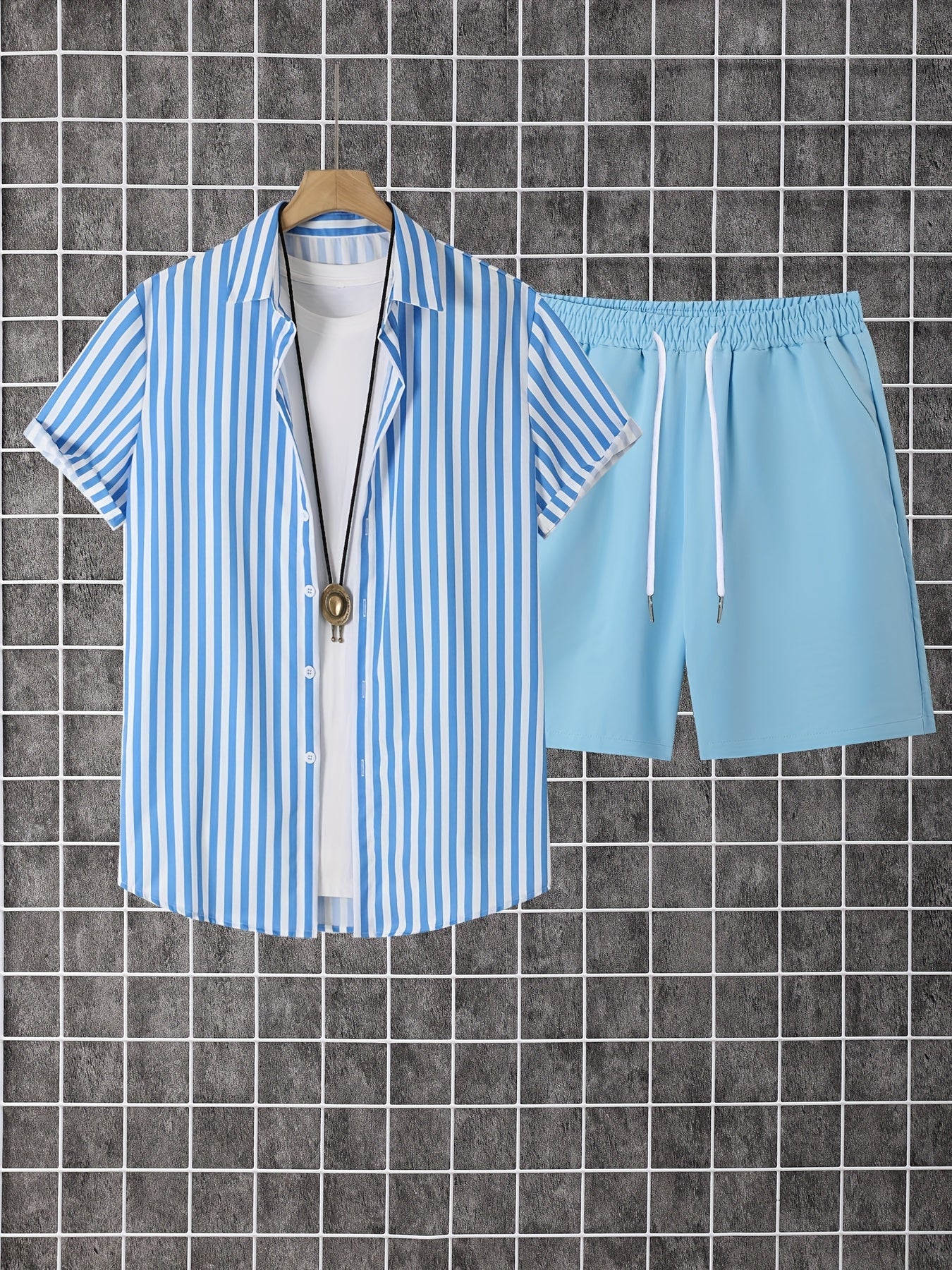 Men's Dark Brown Polyester Striped Short-Sleeve Shorts - product view 24