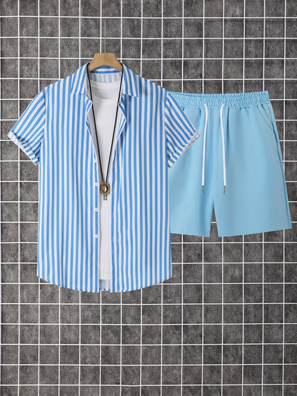 Men's Dark Brown Polyester Striped Short-Sleeve Shorts - product view 24